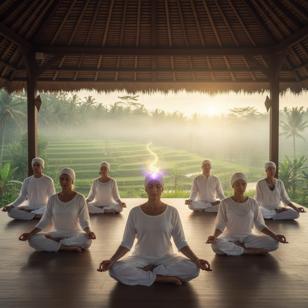 Students practicing during 500 Hours Kundalini Yoga Teacher Training in Bali at Avasthanam Yoga Academy